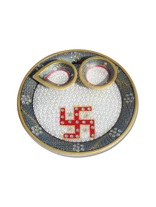 handicrafts paradise marble pooja/puja thali with swastik hpmr15080 - 9779227 - Very Small Image - 1