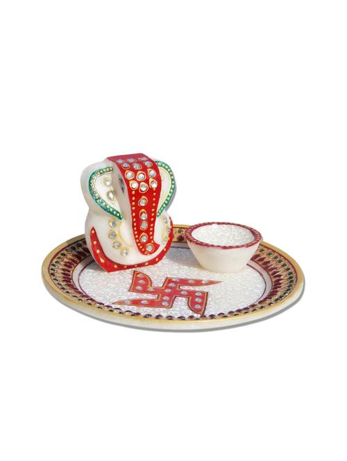 handicrafts paradise marble puja/pooja thali with ganesha hpmr15085 - 9779232 - Very Small Image - 1
