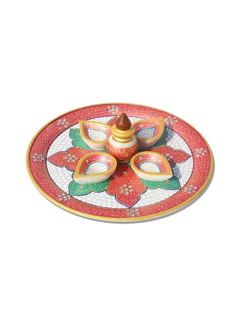 handicrafts paradise marble pooja thali with marble nariyal and 4 diyas hpmr15089 - 9779236 - Very Small Image - 1