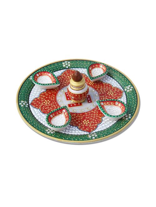 handicrafts paradise marble puja thali with marble nariyal and 4 diyas hpmr15090 - 9779237 - Very Small Image - 1