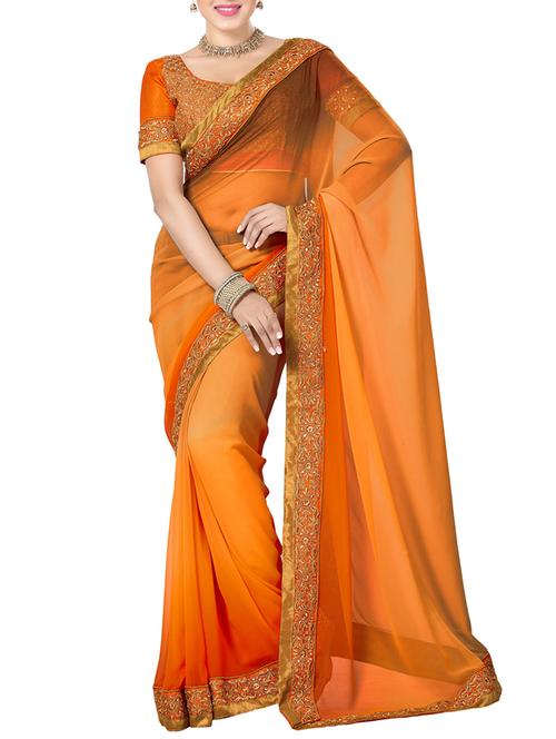 orange and brown faux georgette saree - 9791498 - Very Small Image - 1