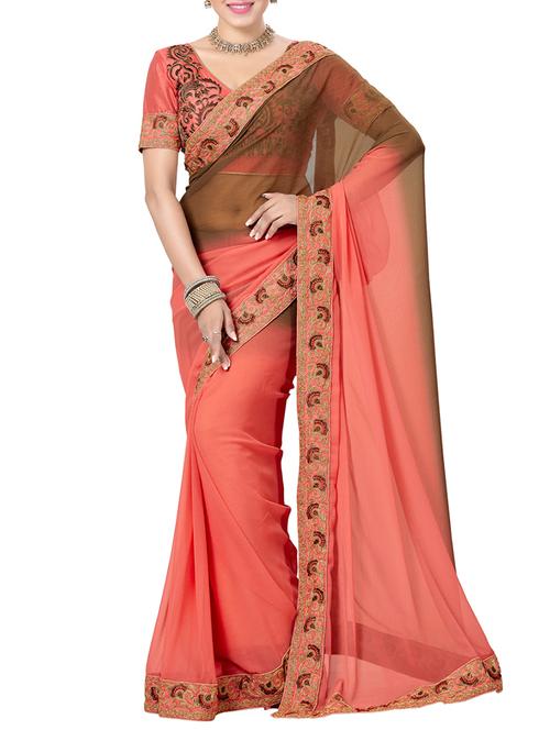 peach and brown faux chiffon saree - 9791500 - Very Small Image - 1