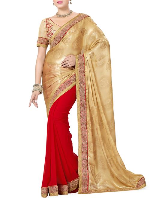 red and beige faux georgette and faux chiffon saree - 9791501 - Very Small Image - 1