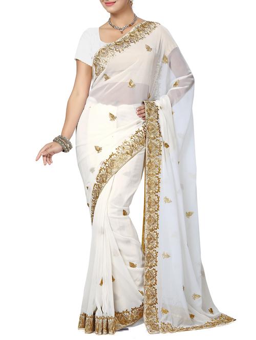 off white faux gerogette saree - 9791510 - Very Small Image - 1