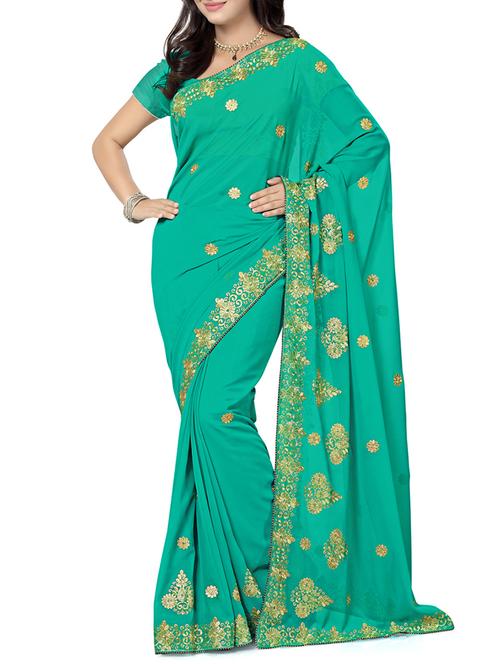 teal green faux gerogette saree - 9791524 - Very Small Image - 1