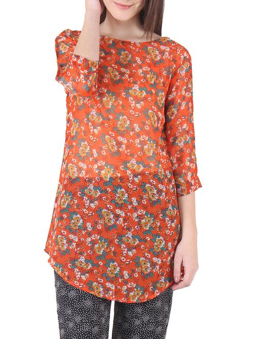 orange georgette floral printed tunic - 9797920 - Very Small Image - 1
