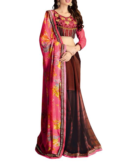 dark red and pink printed georgette saree - 9802875 - Very Small Image - 1