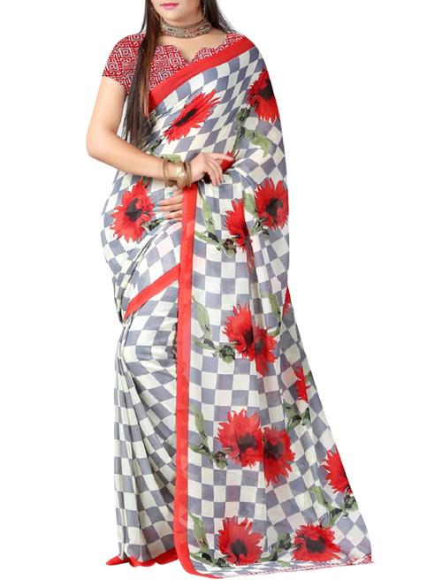 white & gray georgette saree - 9804077 - Very Small Image - 1