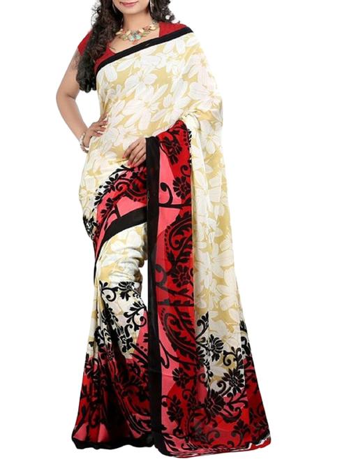 cream & red georgette saree - 9804114 - Very Small Image - 1