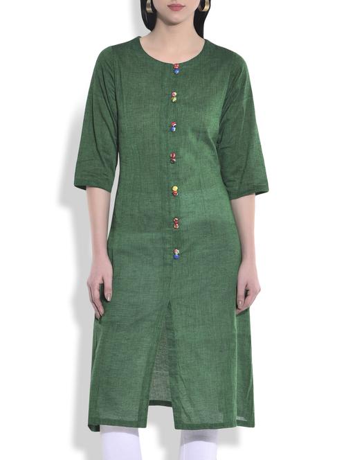 dark green cotton kurta with front slit - 9808469 - Very Small Image - 1