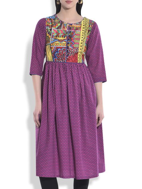 fuchsia cotton gathered tunic with printed yoke - 9808470 - Very Small Image - 1