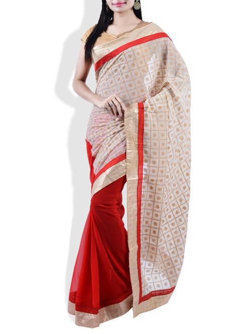 beige, red georgette saree - 9809406 - Very Small Image - 1