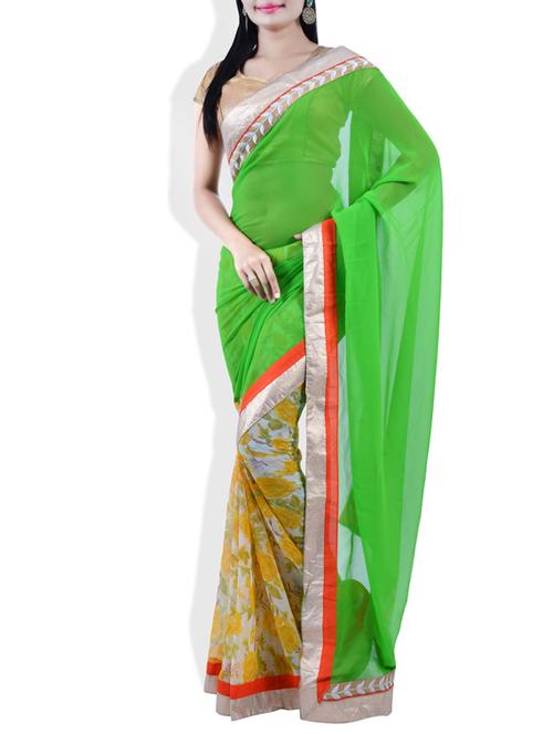 green, yellow, white georgette saree - 9809427 - Very Small Image - 1