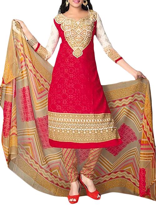 red poly crepe un-stitched dress material - 9810653 - Very Small Image - 1