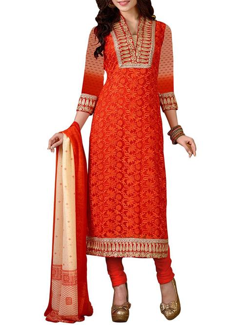 orange georgette semi stitched suit - 9813613 - Very Small Image - 1