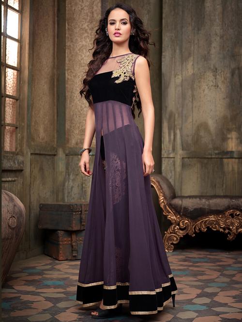 purple georgette semi-stitched anarkali suit - 9813639 - Very Small Image - 1