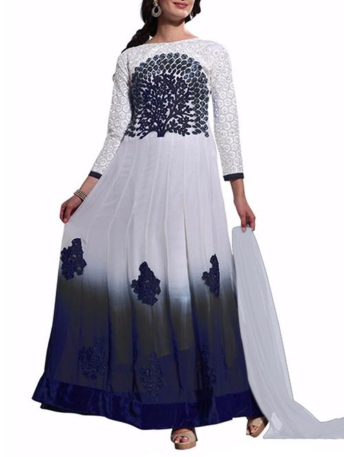 off-white & navy blue georgette & net semi stitched suit - 9813644 - Very Small Image - 1