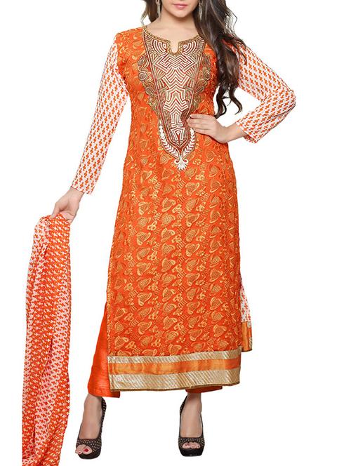 orange georgette semi stitched suit - 9813681 - Very Small Image - 1