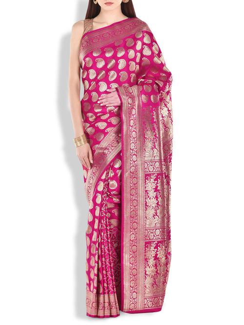 fuchsia and gold silk jacquard sari - 9823238 - Very Small Image - 1