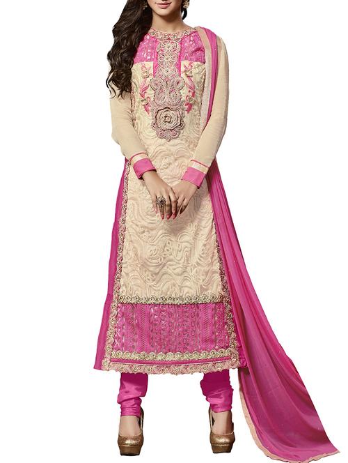 beige pink net georgette unstitched dress material. - 9826989 - Very Small Image - 1
