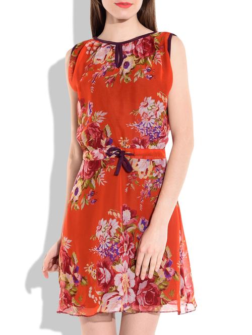 red color printed georgette dress - 9829139 - Very Small Image - 1