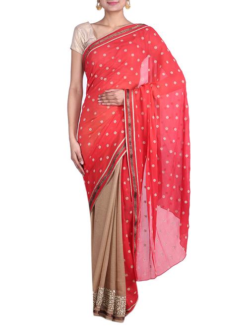 RED,BEIGE color chiffon Saree - 9861022 - Very Small Image - 1