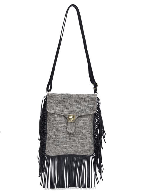 grey jute and faux leather fringed sling bag - 9862045 - Very Small Image - 1