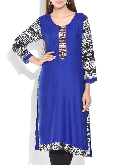 royal blue rayon printed kurta - 9871236 - Very Small Image - 1