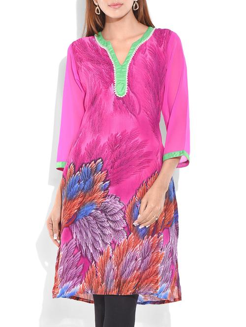 fuchsia poly georgette printed kurta - 9871244 - Very Small Image - 1