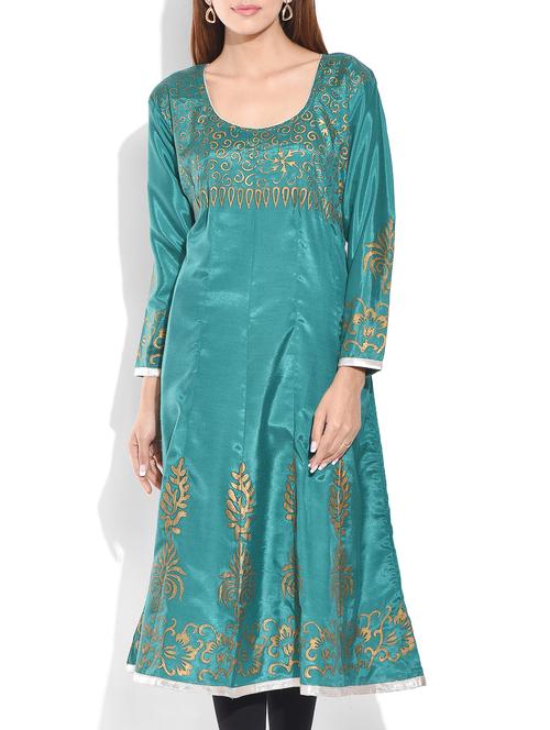 teal color, chanderi silk printed anarkali kurta - 9871261 - Very Small Image - 1