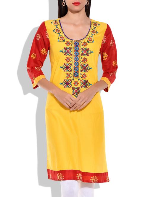 yellow and red cotton kurta - 9875553 - Very Small Image - 1
