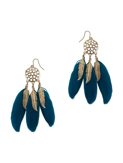 peacock green & gold faux feather dangling earrings - 9885177 - Very Small Image - 1