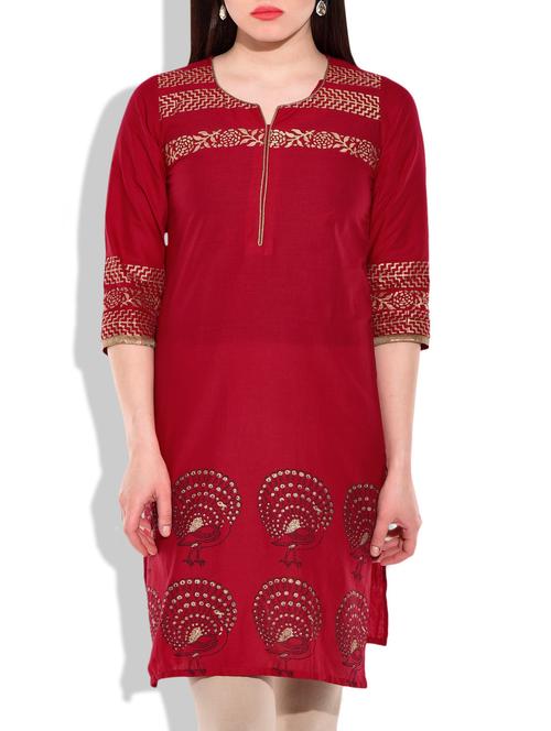 red cotton straight kurta - 9907978 - Very Small Image - 1