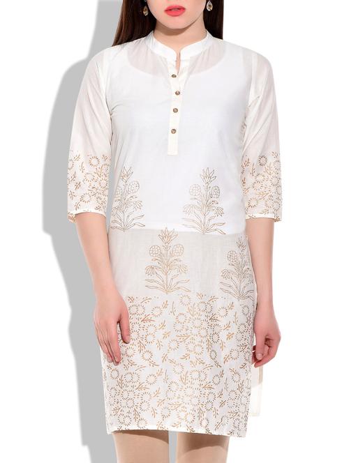 cream cotton straight kurta - 9907986 - Very Small Image - 1