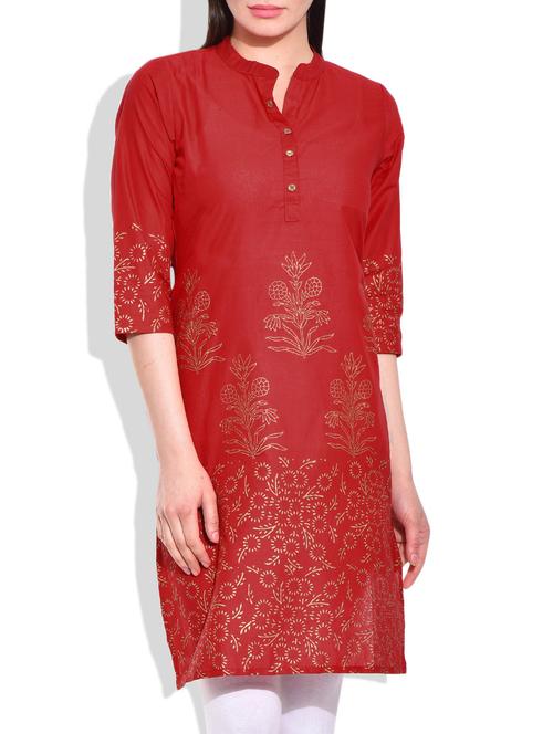 red cotton straight kurta - 9907987 - Very Small Image - 1