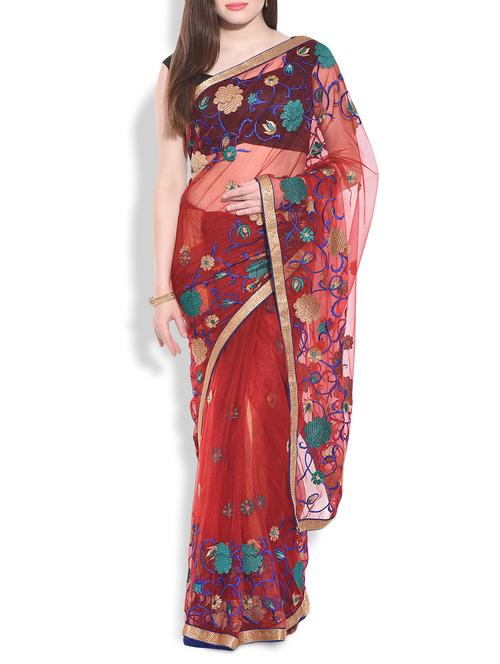 maroon floral embroidered and embellished net saree - 9909070 - Very Small Image - 1