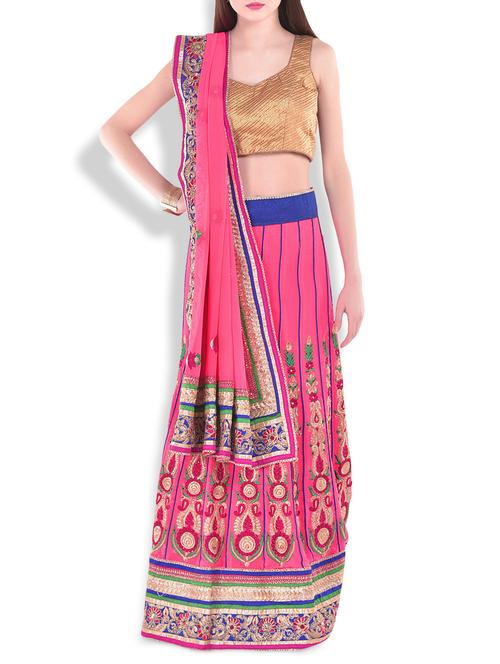 carnation pink embroidered and embellished net lehenga saree - 9909090 - Very Small Image - 1