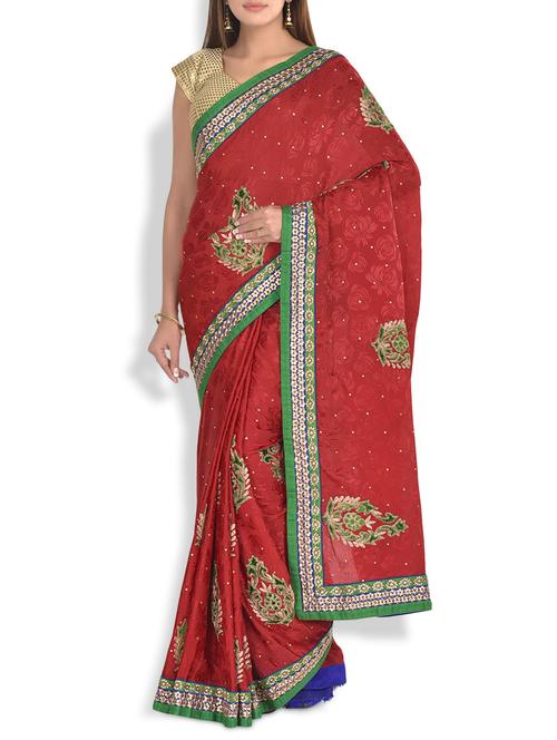 red embroidered and embellished crepe saree - 9909106 - Very Small Image - 1