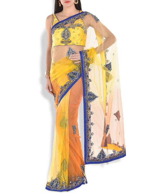 yellow half and half embroidered and embellished saree - 9909110 - Very Small Image - 1
