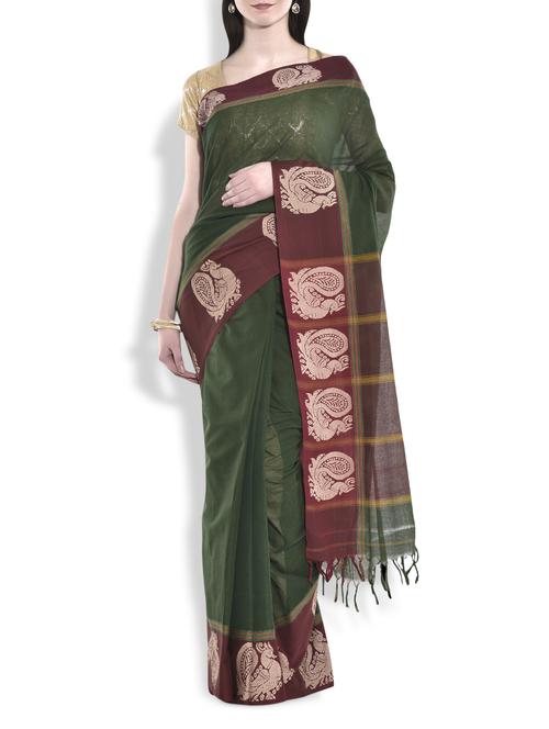 forest green cotton saree with peacock border - 9934257 - Very Small Image - 1
