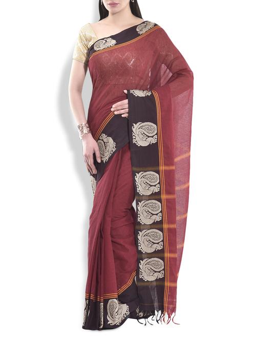 auburn red cotton saree with peacock border - 9934262 - Very Small Image - 1