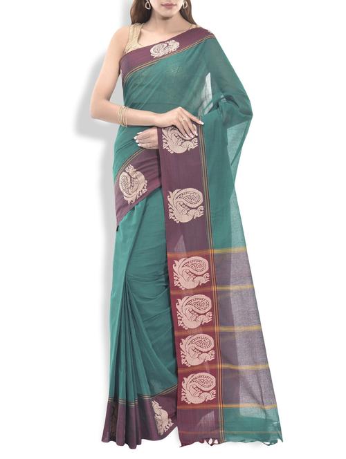 sea green cotton saree with peacock border - 9934263 - Very Small Image - 1