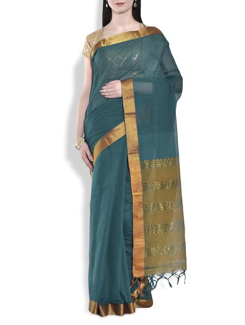 teal cotton saree with gold border - 9934268 - Very Small Image - 1