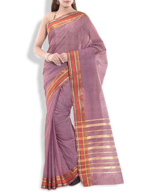 onion pink cotton silk striped saree with brocade border - 9934314 - Very Small Image - 1