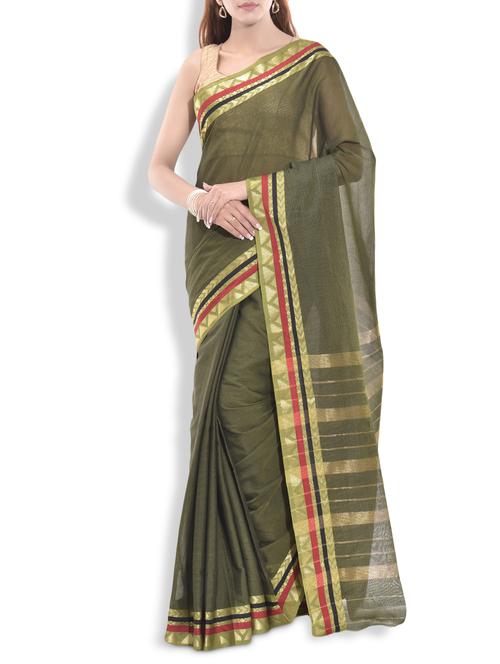 olive cotton saree with brocade border - 9934340 - Very Small Image - 1