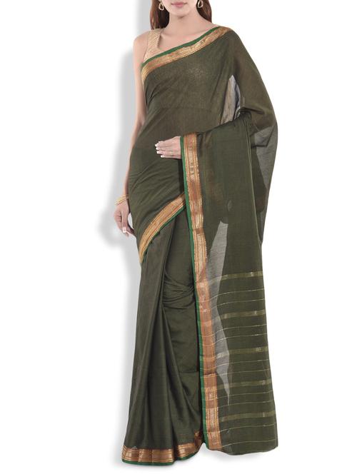 dark green cotton saree with green brocade border - 9934351 - Very Small Image - 1