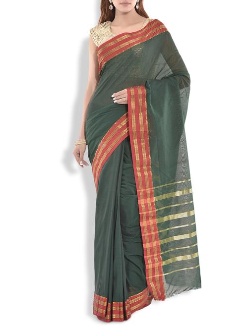 dark green cotton saree with brocade border - 9934358 - Very Small Image - 1