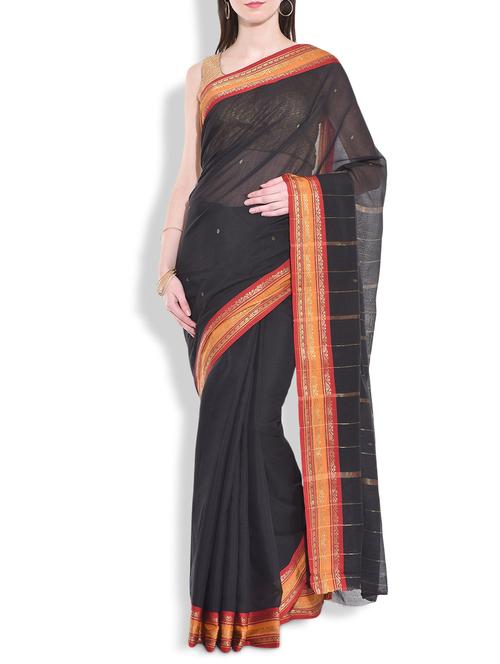 black cotton saree with red brocade border - 9934363 - Very Small Image - 1