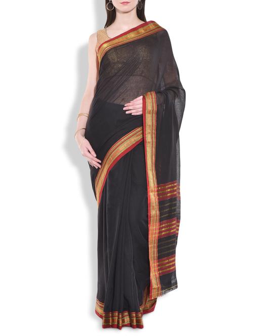 black cotton silk saree with red brocade border - 9934364 - Very Small Image - 1