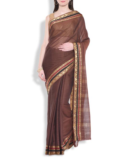 dark brown cotton saree with brocade border - 9934372 - Very Small Image - 1